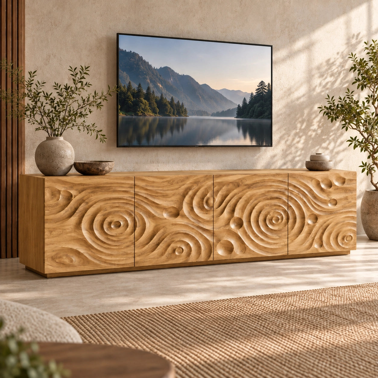 TV Stand with Spiral-Carved Cabinet Doors in Natural Solid Woods  - Woodenecho - 8