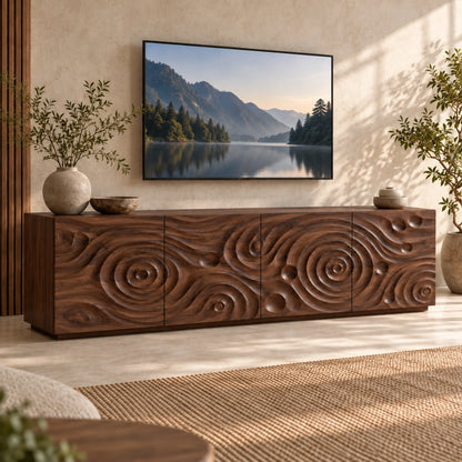 TV Stand with Spiral-Carved Cabinet Doors in Natural Solid Woods  - Woodenecho - 9
