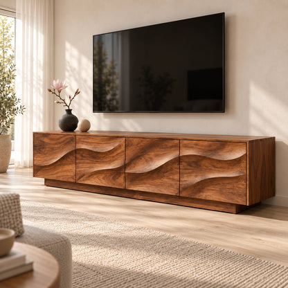 TV Stand with Wave-Carved Cabinet Doors in Natural Solid Wood for Living - Woodenecho - 1