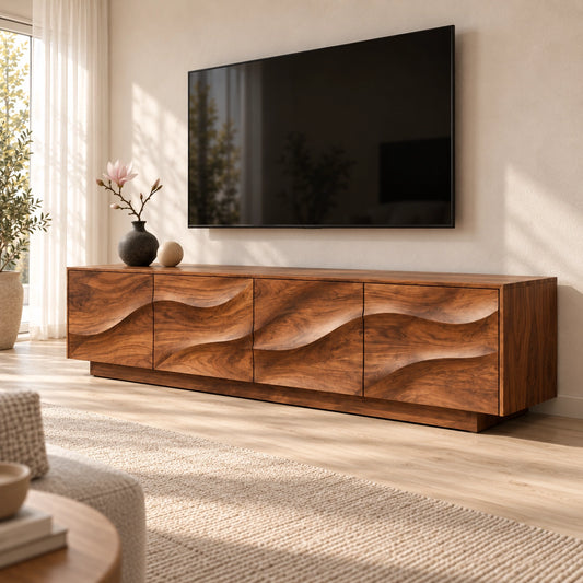 TV Stand with Wave-Carved Cabinet Doors in Natural Solid Wood for Living - Woodenecho - 1