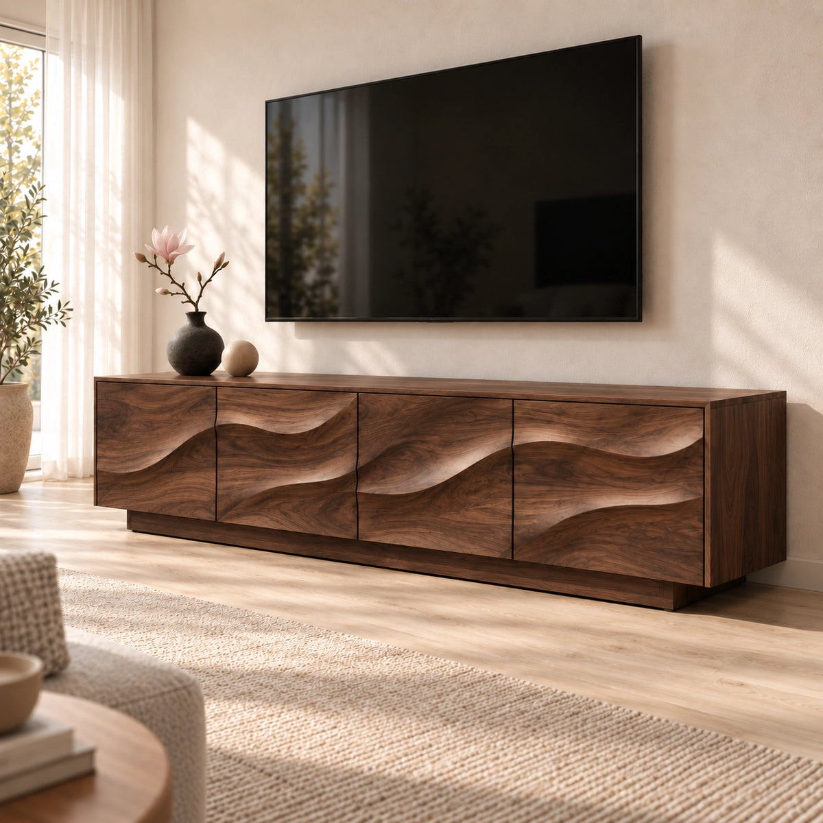 TV Stand with Wave-Carved Cabinet Doors in Natural Solid Wood for Living - Woodenecho - 10