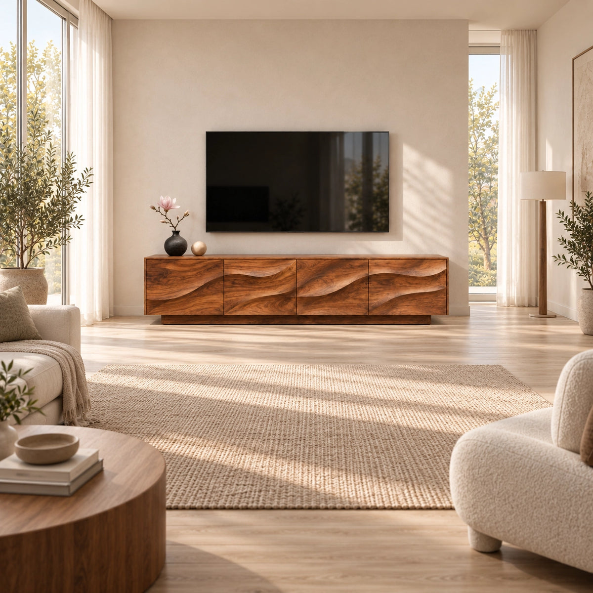 TV Stand with Wave-Carved Cabinet Doors in Natural Solid Wood for Living - Woodenecho - 2