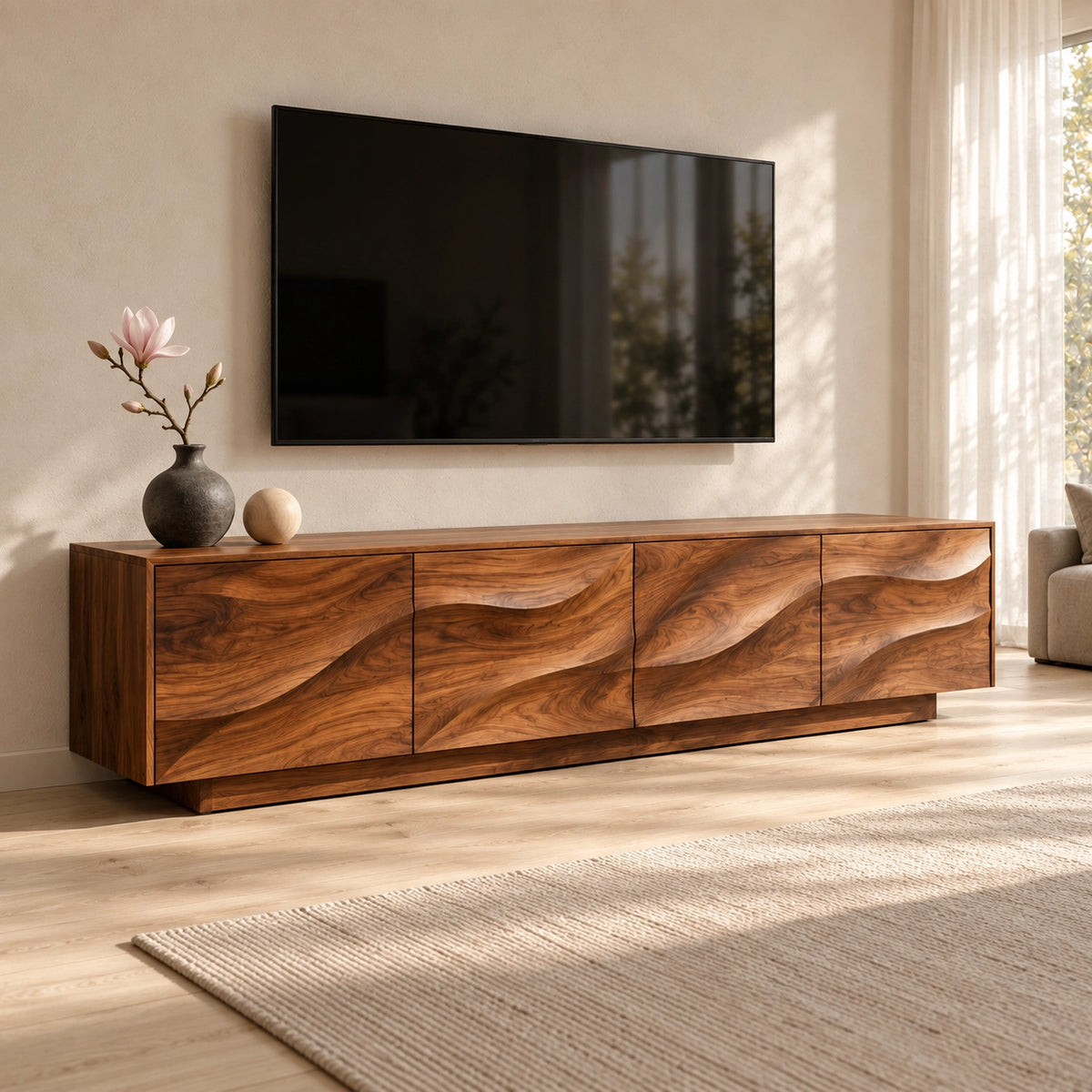 TV Stand with Wave-Carved Cabinet Doors in Natural Solid Wood for Living - Woodenecho - 3