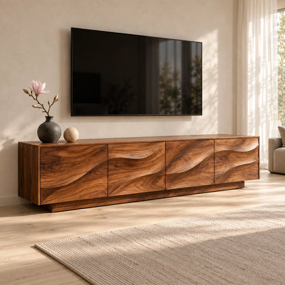 TV Stand with Wave-Carved Cabinet Doors in Natural Solid Wood for Living - Woodenecho - 3