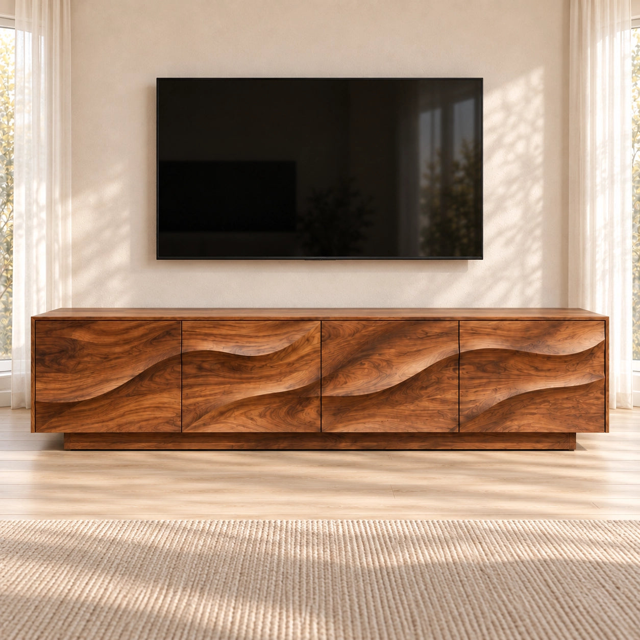 TV Stand with Wave-Carved Cabinet Doors in Natural Solid Wood for Living - Woodenecho - 4
