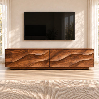 TV Stand with Wave-Carved Cabinet Doors in Natural Solid Wood for Living - Woodenecho - 4