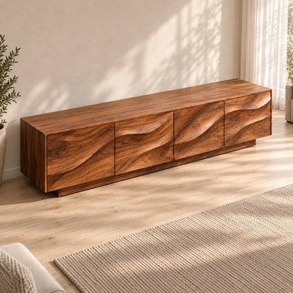 TV Stand with Wave-Carved Cabinet Doors in Natural Solid Wood for Living - Woodenecho - 5