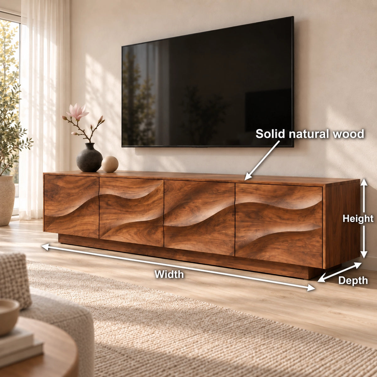 TV Stand with Wave-Carved Cabinet Doors in Natural Solid Wood for Living - Woodenecho - 7