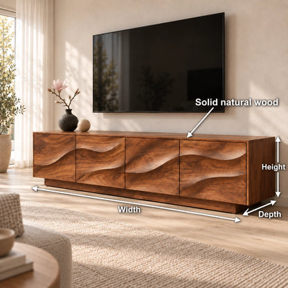 TV Stand with Wave-Carved Cabinet Doors in Natural Solid Wood for Living - Woodenecho - 7