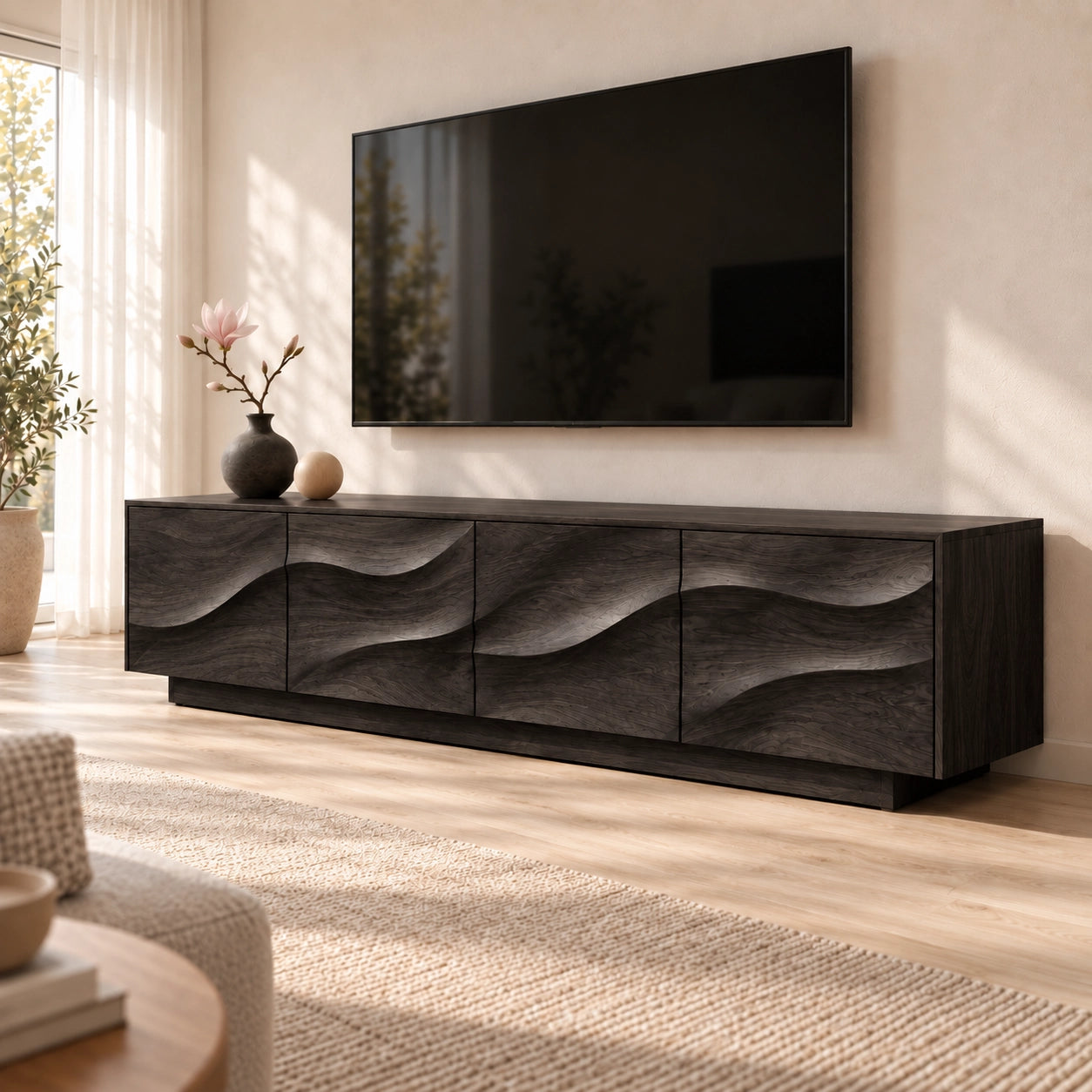 TV Stand with Wave-Carved Cabinet Doors in Natural Solid Wood for Living - Woodenecho - 8