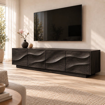 TV Stand with Wave-Carved Cabinet Doors in Natural Solid Wood for Living - Woodenecho - 8