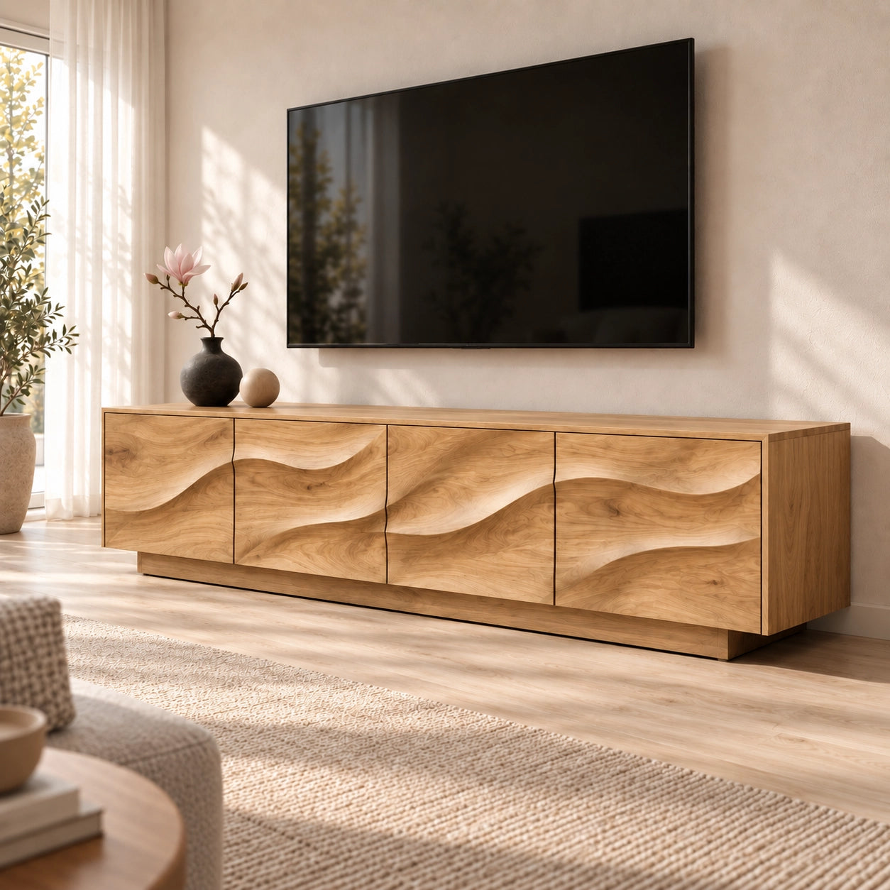 TV Stand with Wave-Carved Cabinet Doors in Natural Solid Wood for Living - Woodenecho - 9