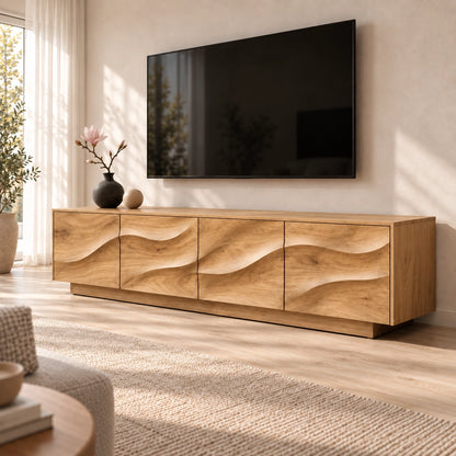 TV Stand with Wave-Carved Cabinet Doors in Natural Solid Wood for Living - Woodenecho - 9