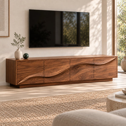 TV Stand with Wave-Carved Cabinet Doors in Natural Solid Wood - Woodenecho - 1