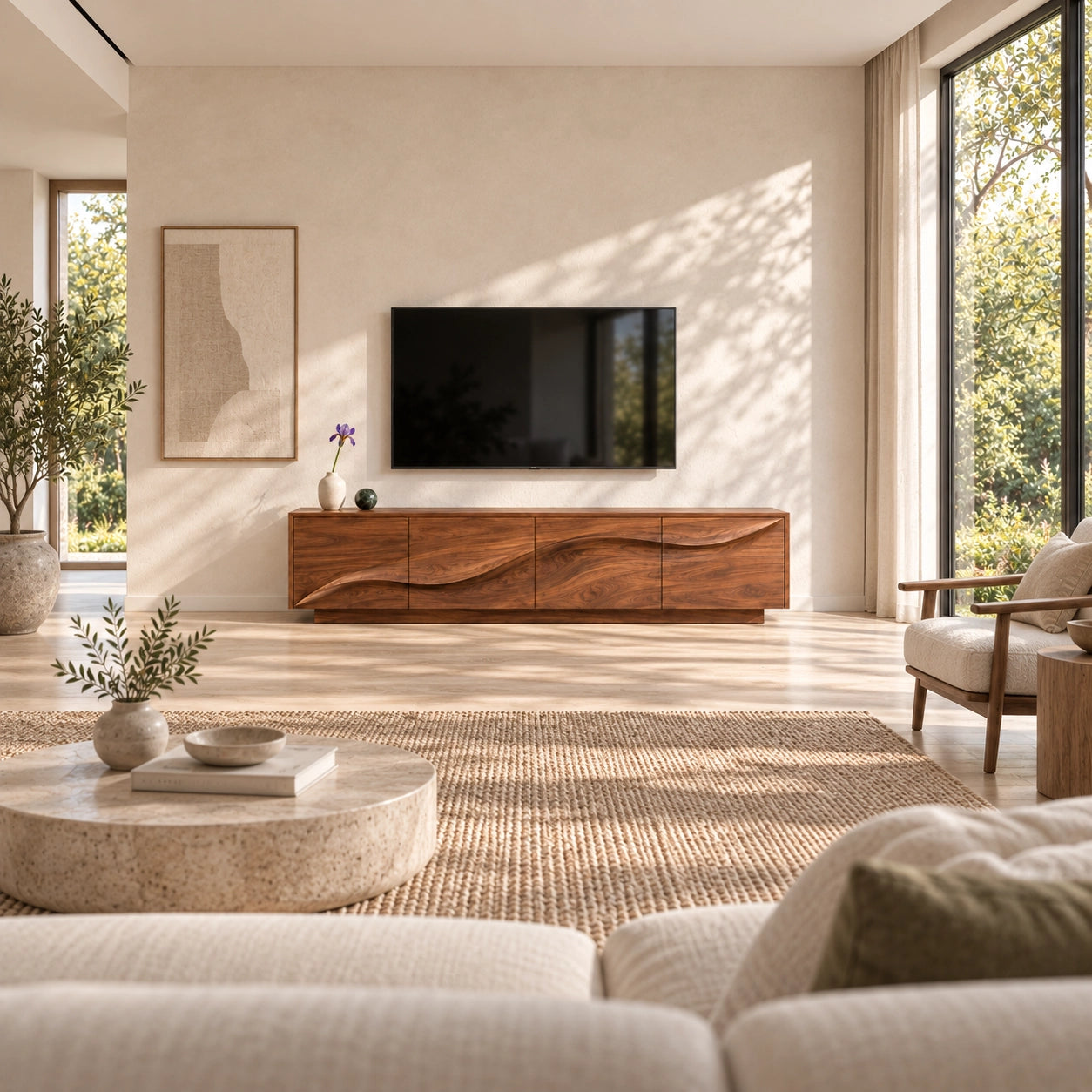 TV Stand with Wave-Carved Cabinet Doors in Natural Solid Wood - Woodenecho - 2