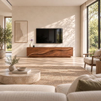 TV Stand with Wave-Carved Cabinet Doors in Natural Solid Wood - Woodenecho - 2