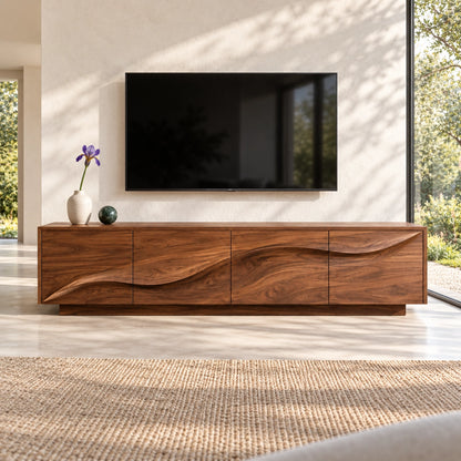 TV Stand with Wave-Carved Cabinet Doors in Natural Solid Wood - Woodenecho - 3