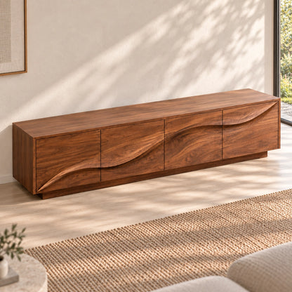 TV Stand with Wave-Carved Cabinet Doors in Natural Solid Wood - Woodenecho - 4