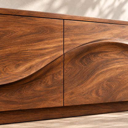 TV Stand with Wave-Carved Cabinet Doors in Natural Solid Wood - Woodenecho - 5