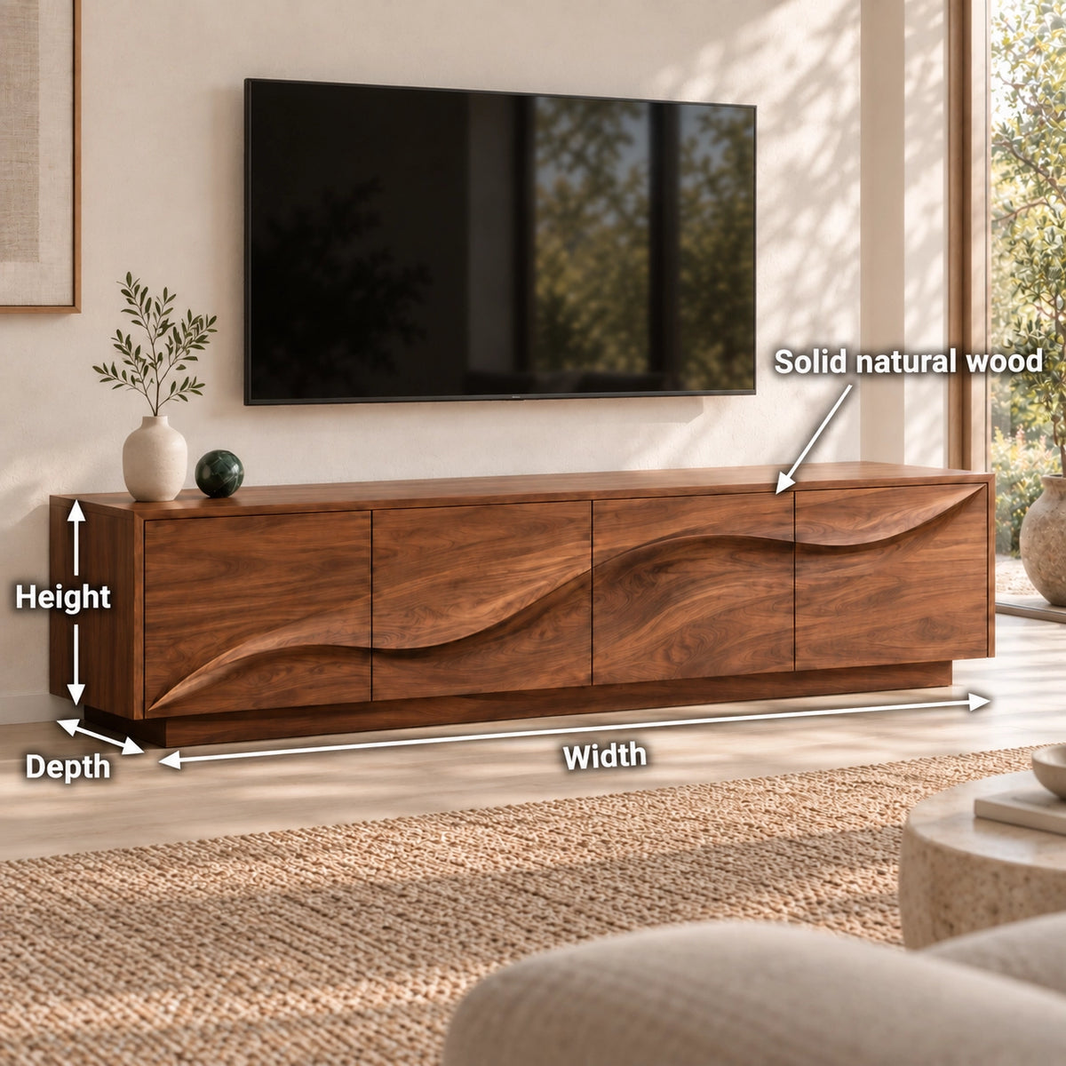 TV Stand with Wave-Carved Cabinet Doors in Natural Solid Wood - Woodenecho - 6
