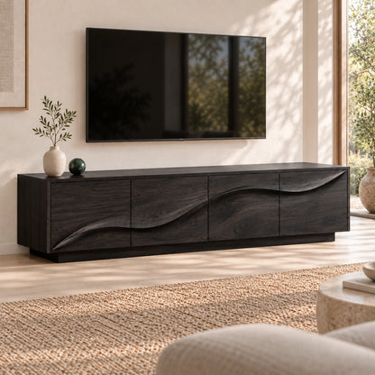 TV Stand with Wave-Carved Cabinet Doors in Natural Solid Wood - Woodenecho - 7