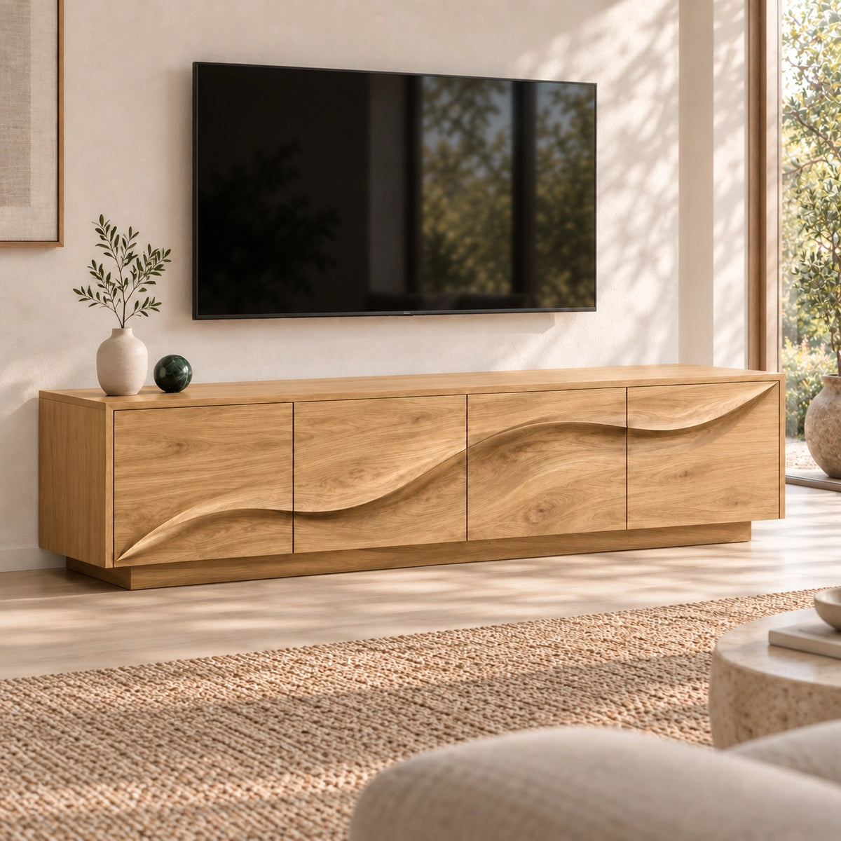 TV Stand with Wave-Carved Cabinet Doors in Natural Solid Wood - Woodenecho - 8