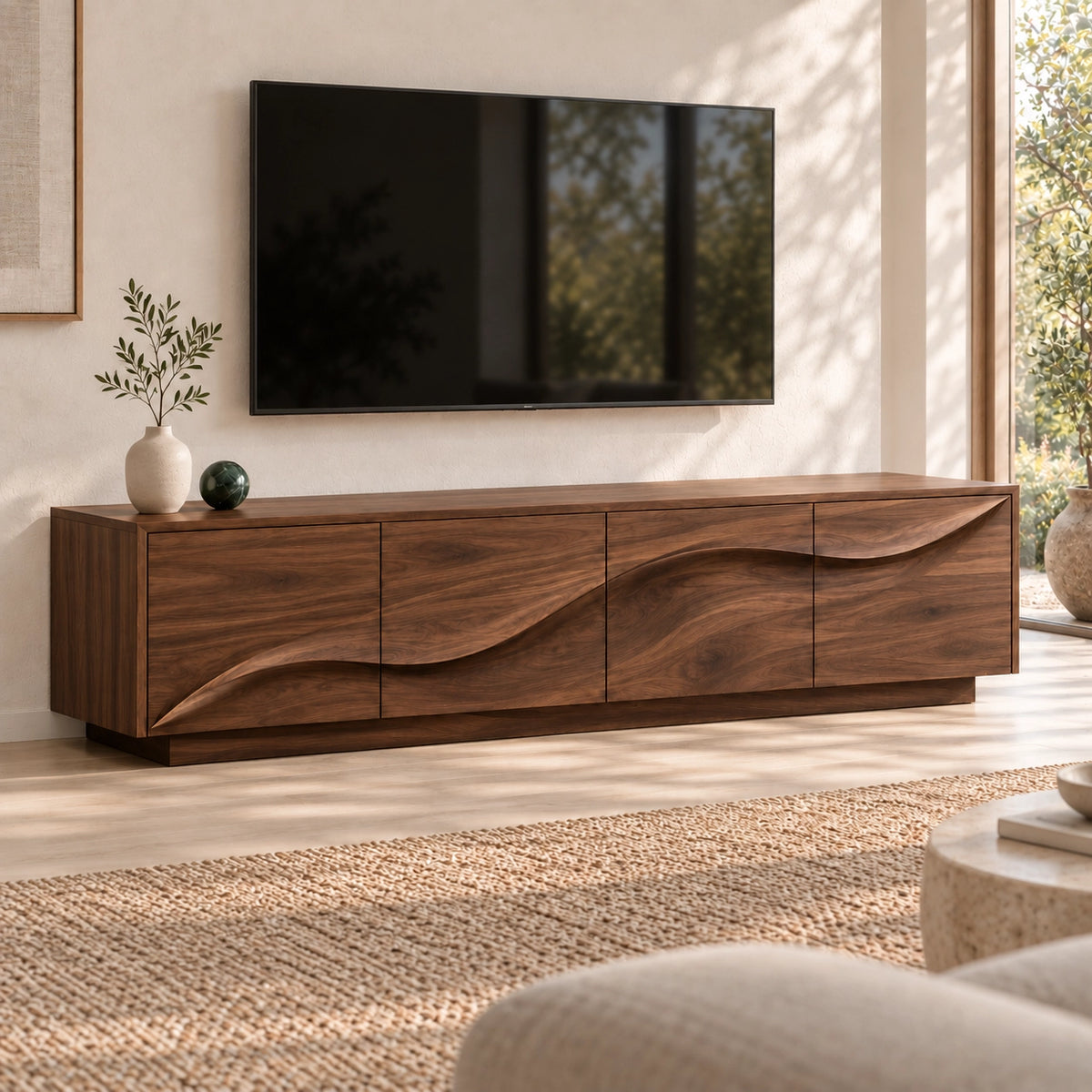 TV Stand with Wave-Carved Cabinet Doors in Natural Solid Wood - Woodenecho - 9