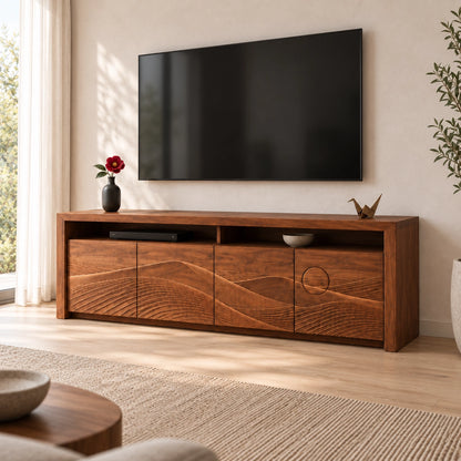 TV Stand with Wave-Carved Doors in Natural Solid Wood for Living Rooms - Woodenecho - 1