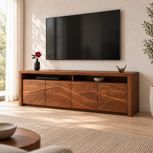 TV Stand with Wave-Carved Doors in Natural Solid Wood for Living Rooms - Woodenecho - 1