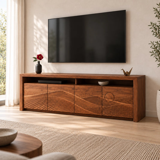 TV Stand with Wave-Carved Doors in Natural Solid Wood for Living Rooms - Woodenecho - 1