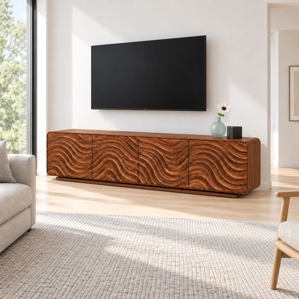 TV Stand with Wave-Carved Doors in Natural Solid Wood for Living Rooms - Woodenecho - 1