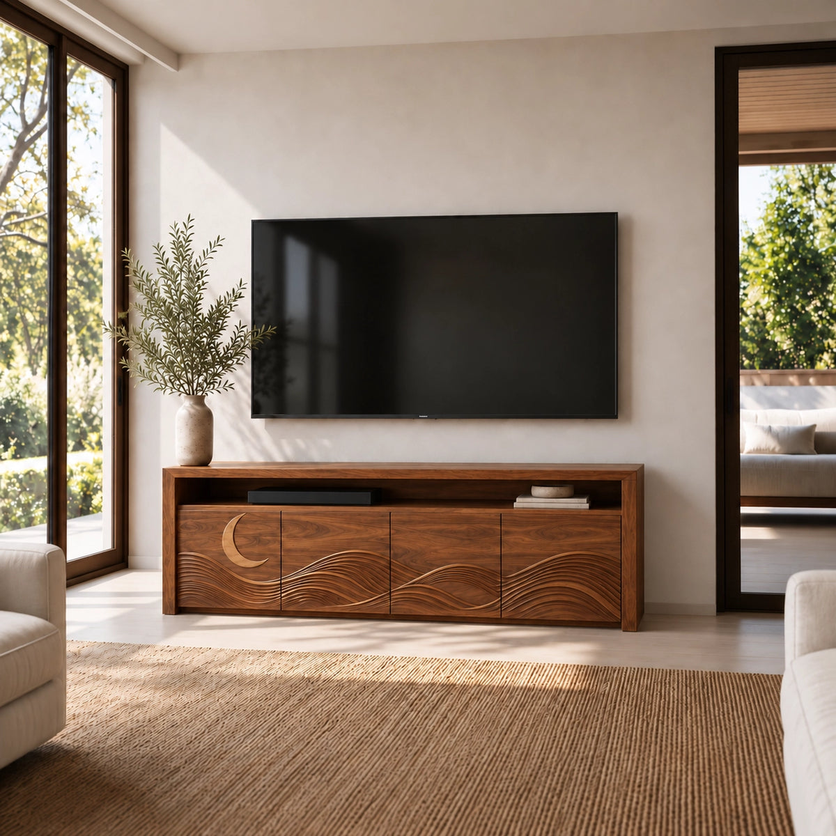 TV Stand with Wave-Carved Doors in Natural Solid Wood for Living Rooms - Woodenecho - 1