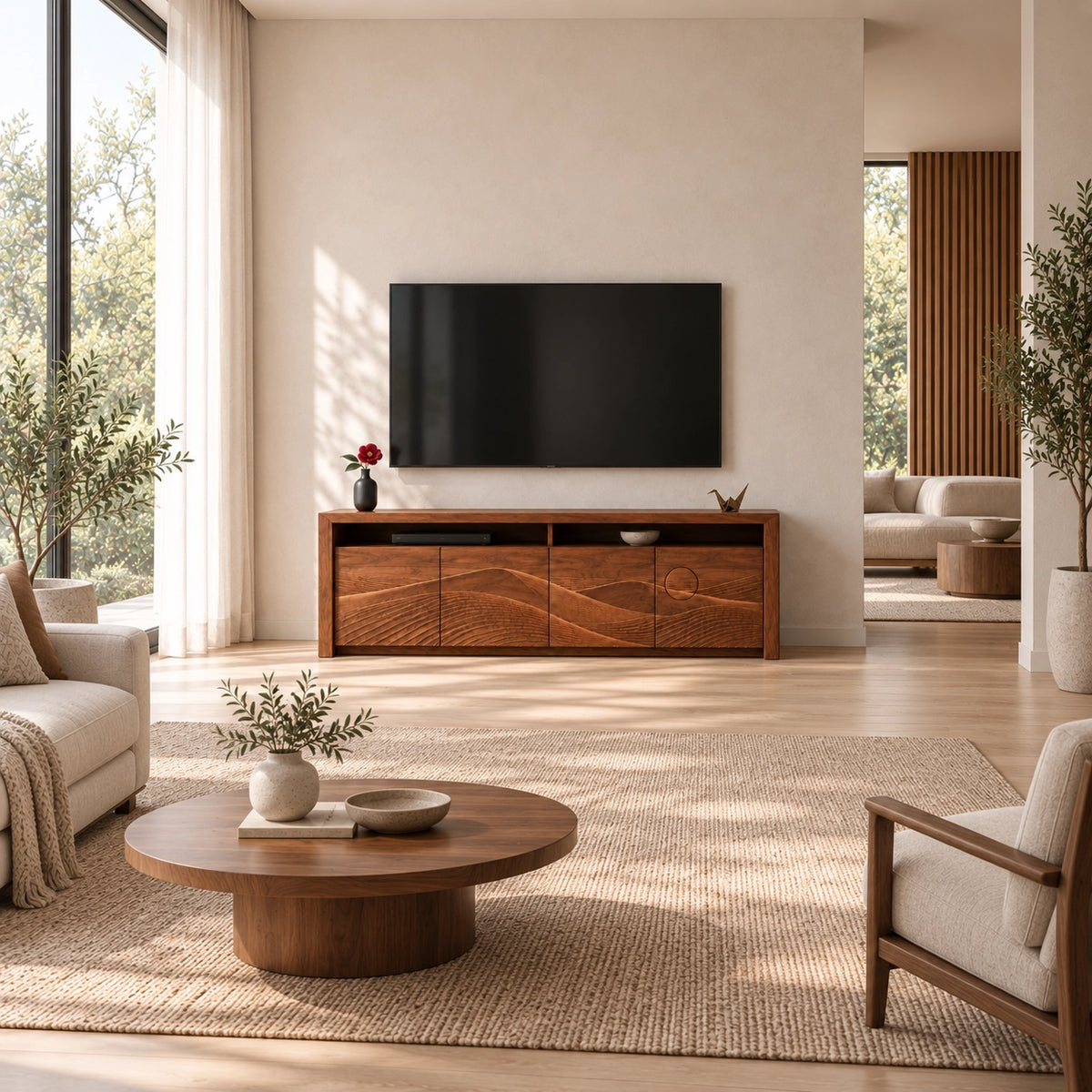 TV Stand with Wave-Carved Doors in Natural Solid Wood for Living Rooms - Woodenecho - 2