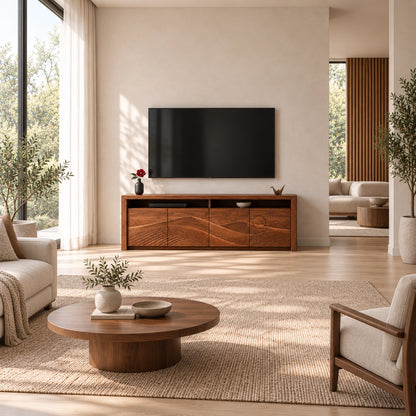 TV Stand with Wave-Carved Doors in Natural Solid Wood for Living Rooms - Woodenecho - 2