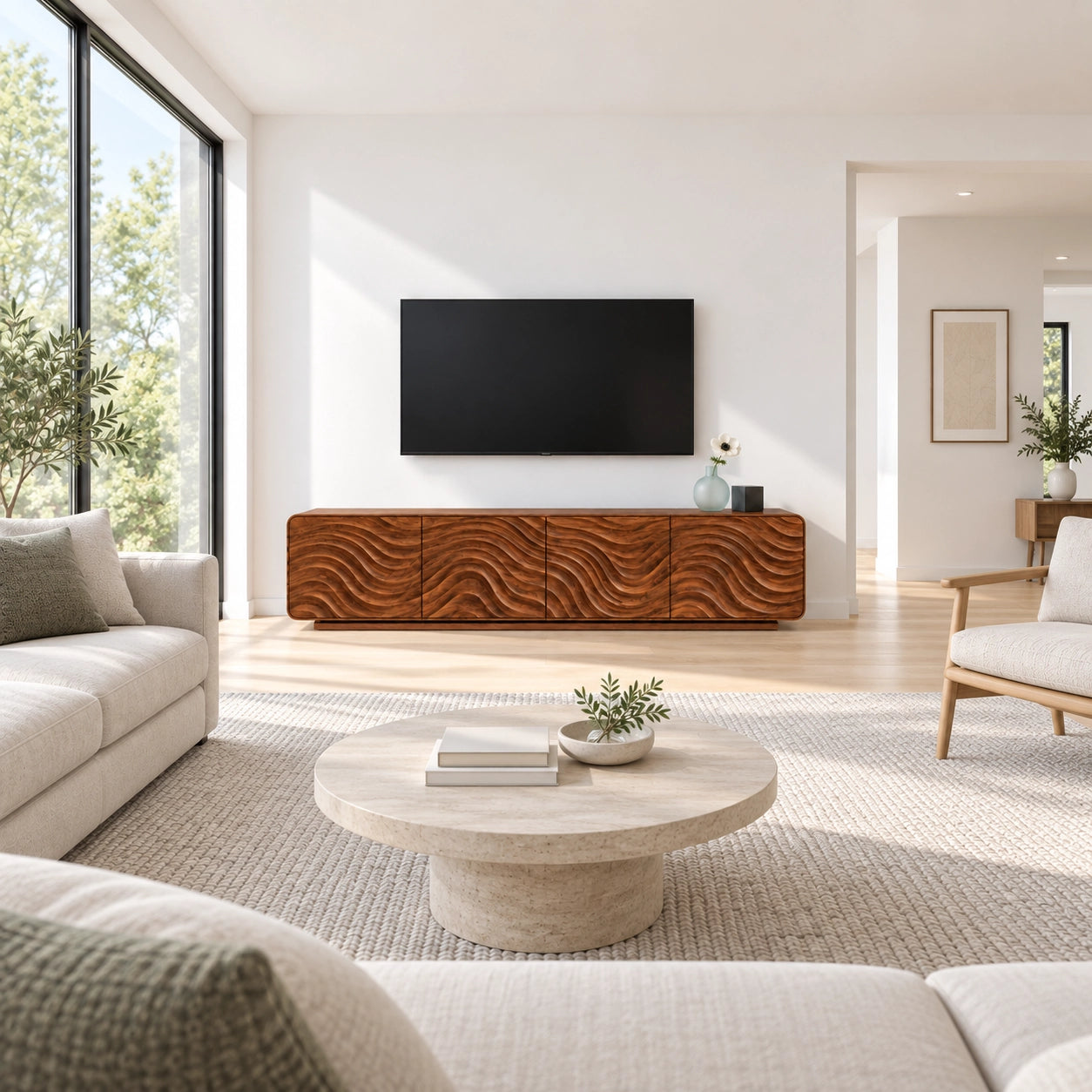 TV Stand with Wave-Carved Doors in Natural Solid Wood for Living Rooms - Woodenecho - 2