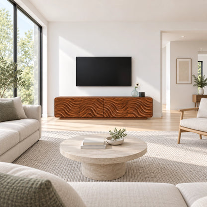 TV Stand with Wave-Carved Doors in Natural Solid Wood for Living Rooms - Woodenecho - 2