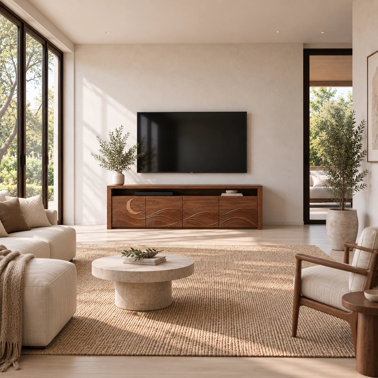 TV Stand with Wave-Carved Doors in Natural Solid Wood for Living Rooms - Woodenecho - 2