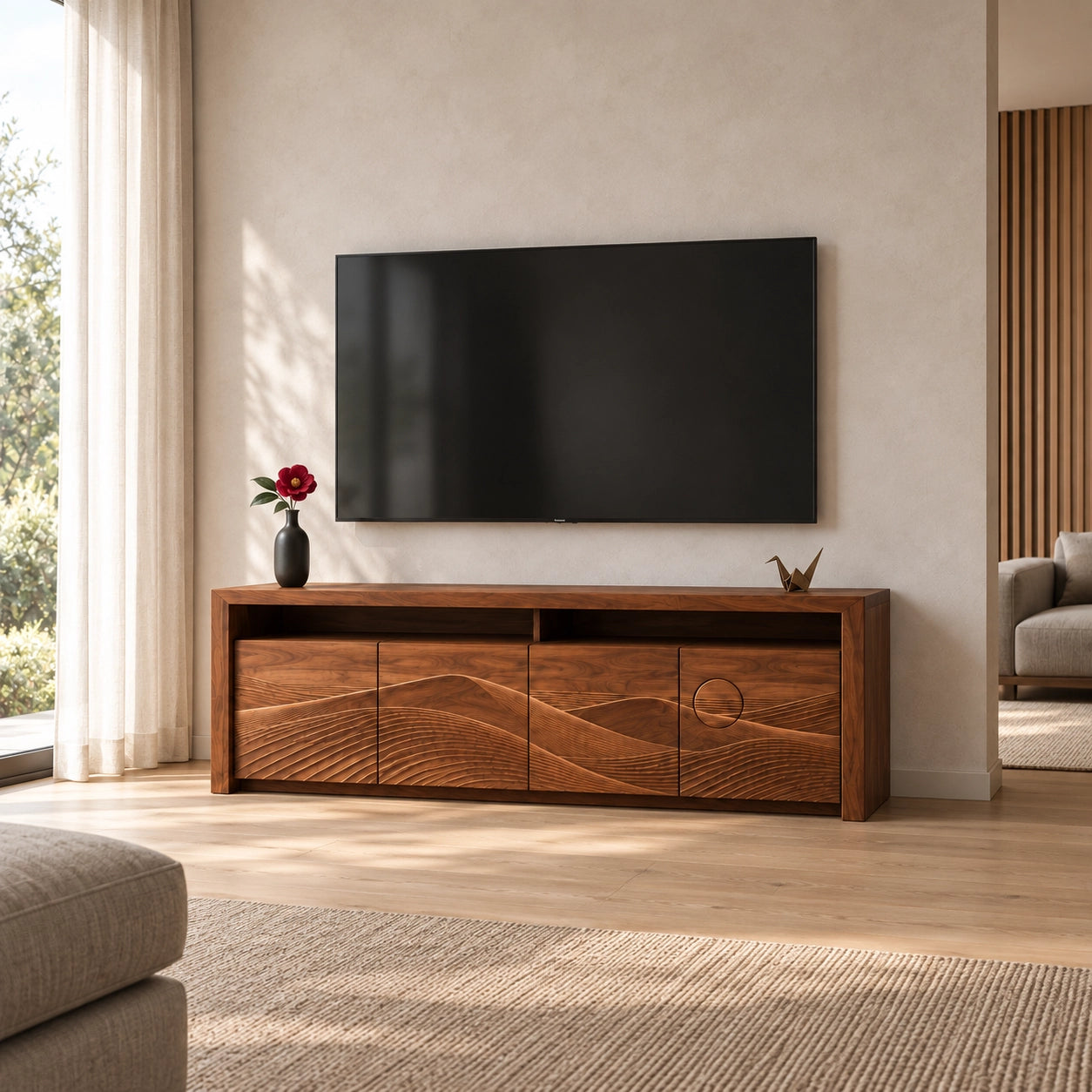 TV Stand with Wave-Carved Doors in Natural Solid Wood for Living Rooms - Woodenecho - 3
