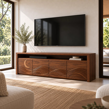 TV Stand with Wave-Carved Doors in Natural Solid Wood for Living Rooms - Woodenecho - 3