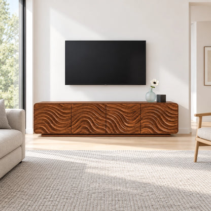 TV Stand with Wave-Carved Doors in Natural Solid Wood for Living Rooms - Woodenecho - 3