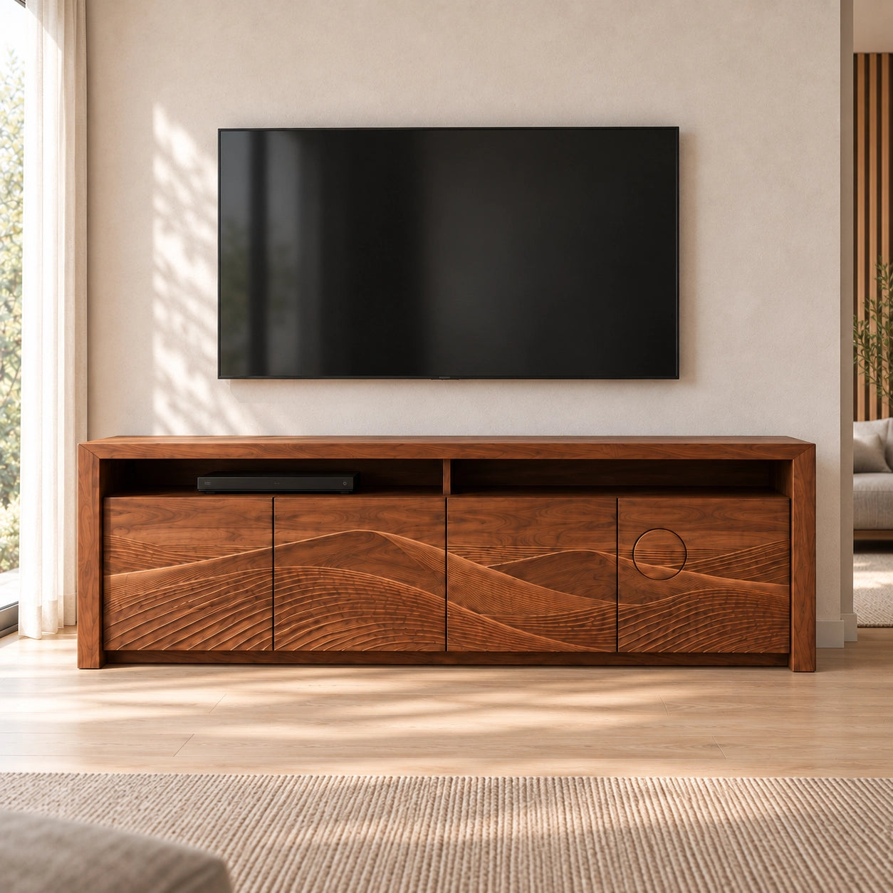 TV Stand with Wave-Carved Doors in Natural Solid Wood for Living Rooms - Woodenecho - 4