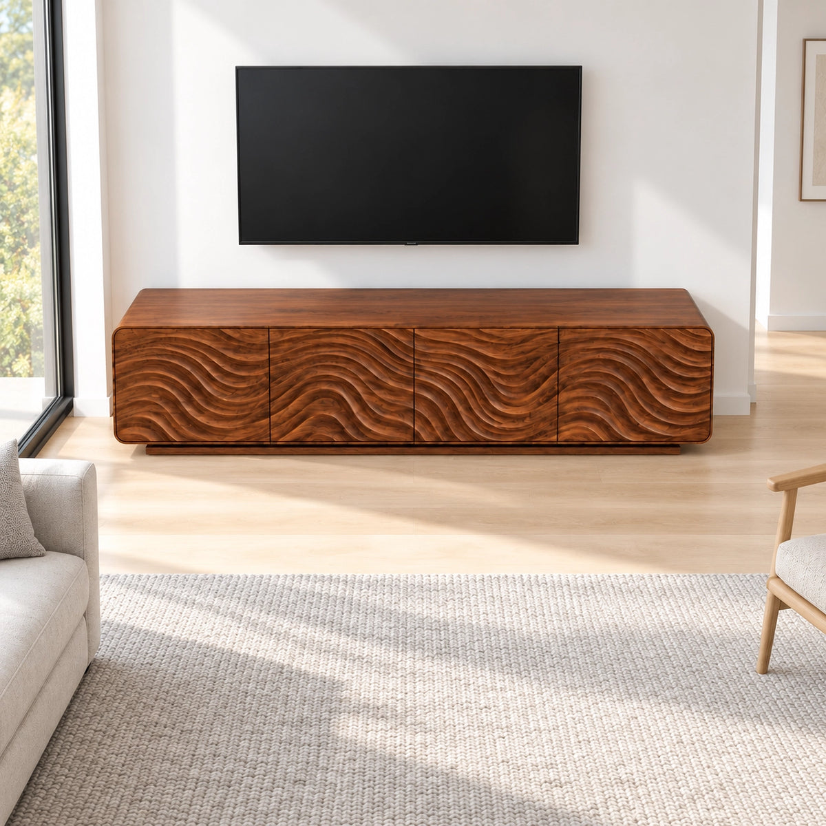 TV Stand with Wave-Carved Doors in Natural Solid Wood for Living Rooms - Woodenecho - 4