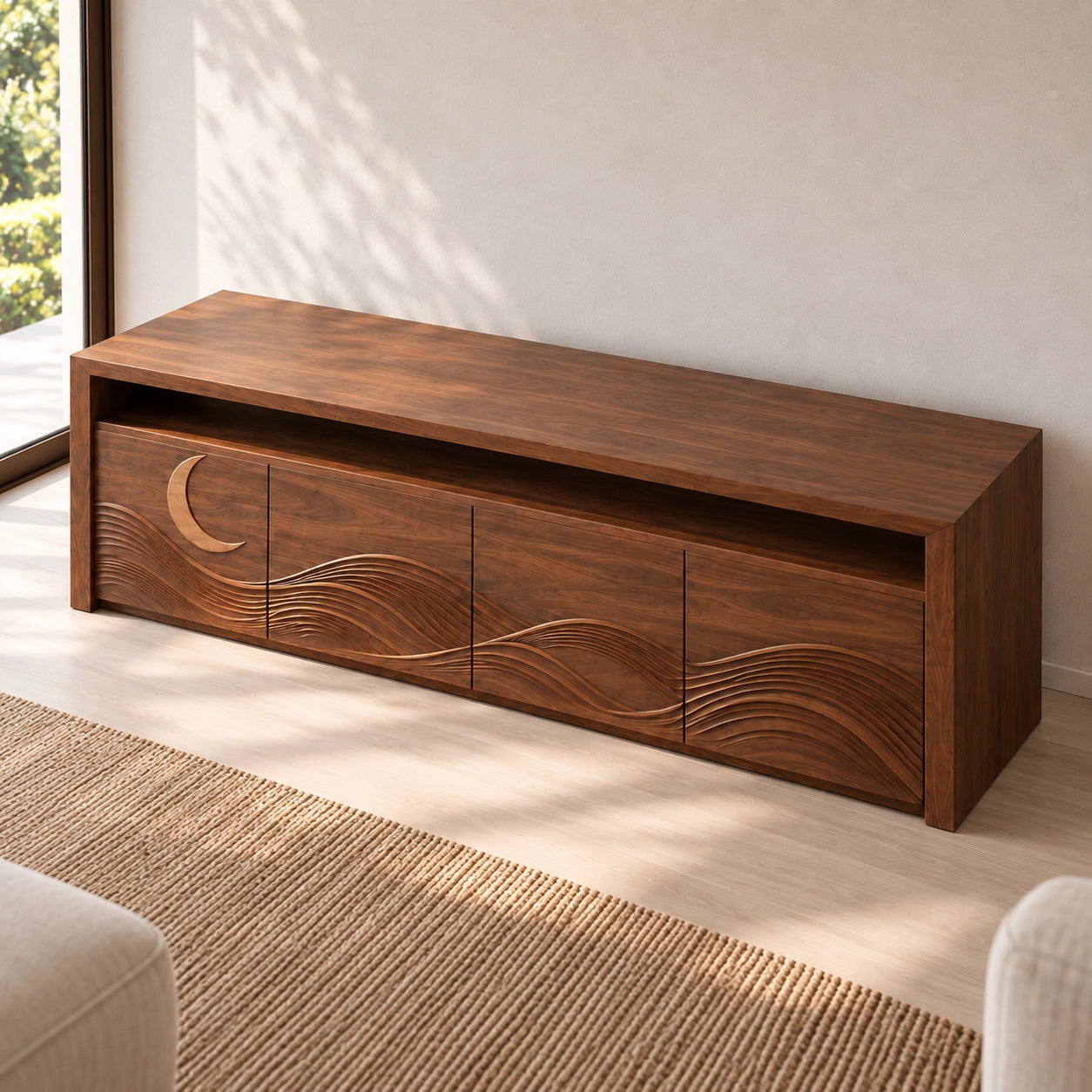 TV Stand with Wave-Carved Doors in Natural Solid Wood for Living Rooms - Woodenecho - 4