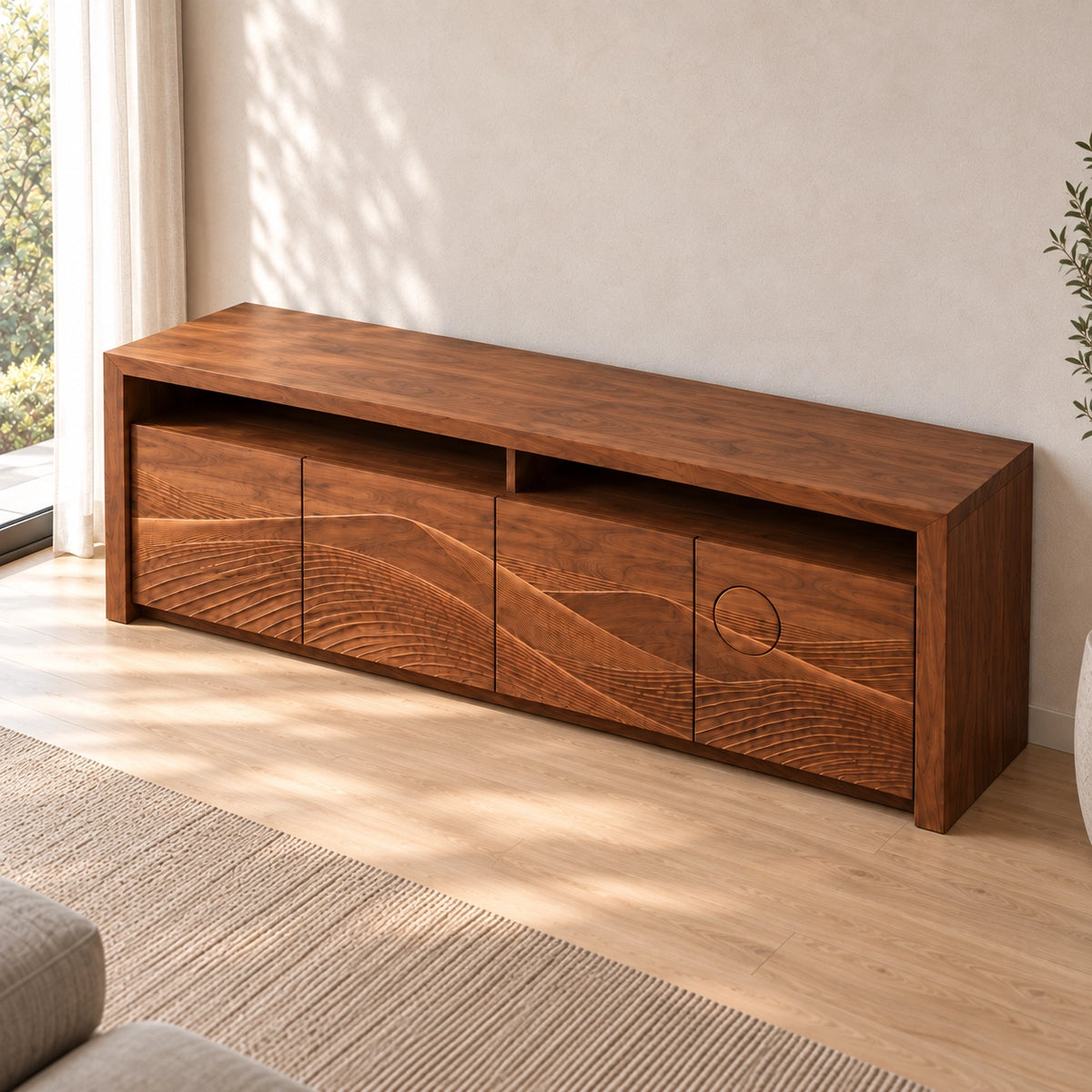 TV Stand with Wave-Carved Doors in Natural Solid Wood for Living Rooms - Woodenecho - 5