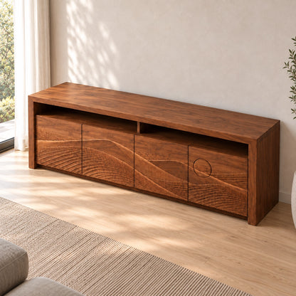 TV Stand with Wave-Carved Doors in Natural Solid Wood for Living Rooms - Woodenecho - 5