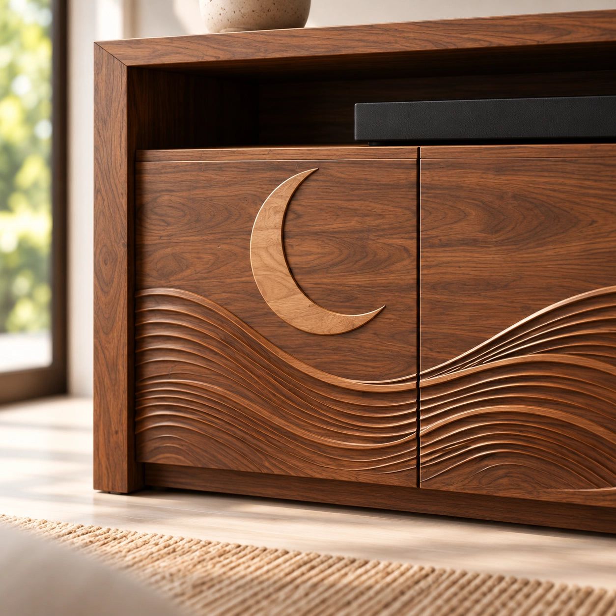 TV Stand with Wave-Carved Doors in Natural Solid Wood for Living Rooms - Woodenecho - 5
