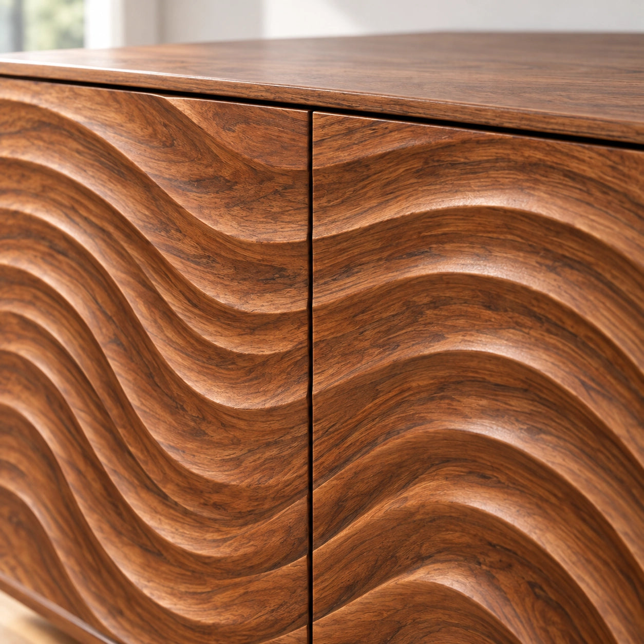 TV Stand with Wave-Carved Doors in Natural Solid Wood for Living Rooms - Woodenecho - 5
