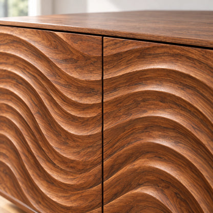 TV Stand with Wave-Carved Doors in Natural Solid Wood for Living Rooms - Woodenecho - 5