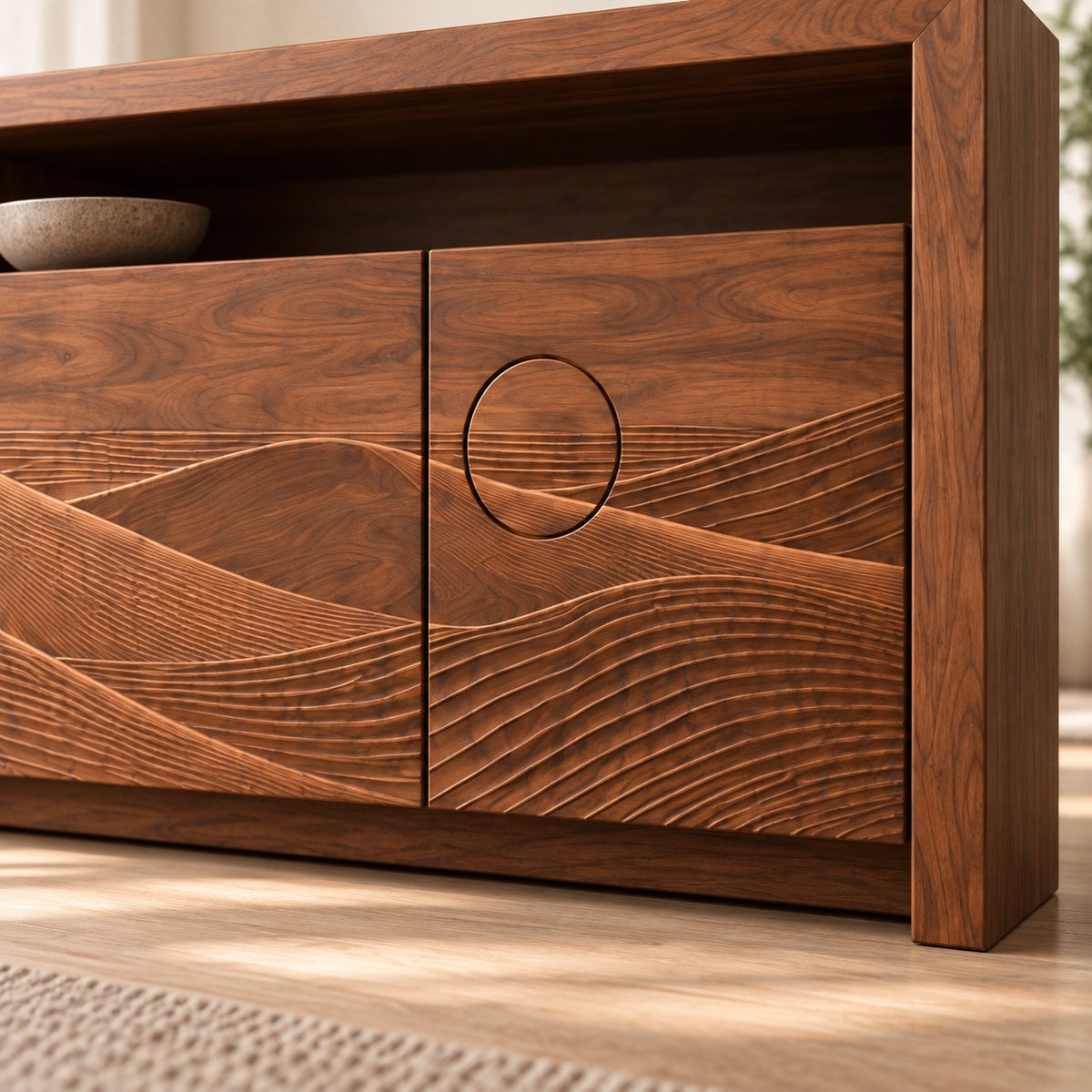 TV Stand with Wave-Carved Doors in Natural Solid Wood for Living Rooms - Woodenecho - 6