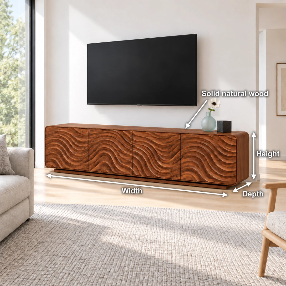 TV Stand with Wave-Carved Doors in Natural Solid Wood for Living Rooms - Woodenecho - 6